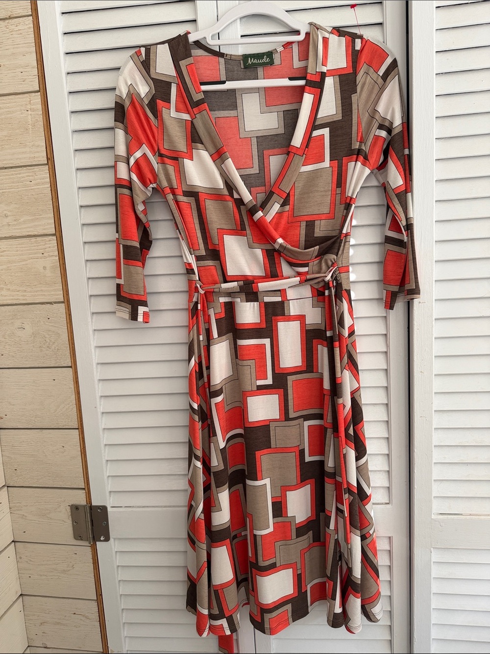 Maude Coral, Brown & Cream Geometric Wrap Midi Dress